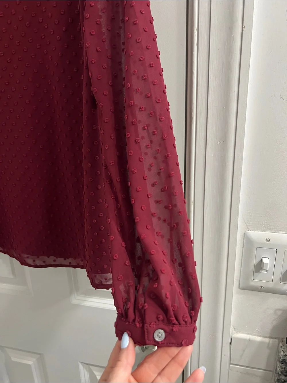 J. Crew Wine Textured Swiss Dot V-Neck Blouse-XS